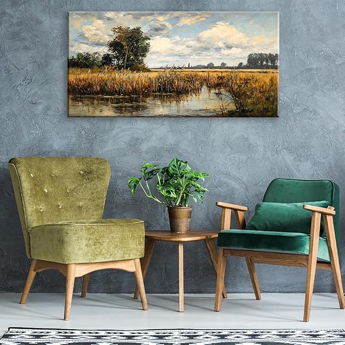 LASMOND Beautiful Wilderness Meadow Canvas Wall Art Oil Painting Reproduction Print Vintage Wildflower Field Scenery Countryside Landscape Tree Rustic Retro Decor Artwork Country Farmhouse Living Room 24x48 Inches-Ruum Studio Home