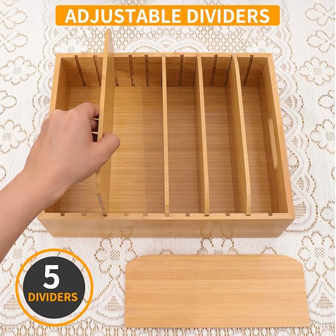2 Pack Bamboo Lid Holder Food Container, Kitchen Organizer with 5 Adjustable Dividers, Cabinet Organizer for Food, Kitchen Gadget, Container Lids-Ruum Studio Home