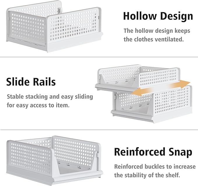 5 Pack Stackable Plastic Storage Basket Closet Organizer Bin Foldable Clothes Organizer Storage Drawer Shelf Container for Living room Bathroom Kitchen Office (4L+1S)-Ruum Studio Home