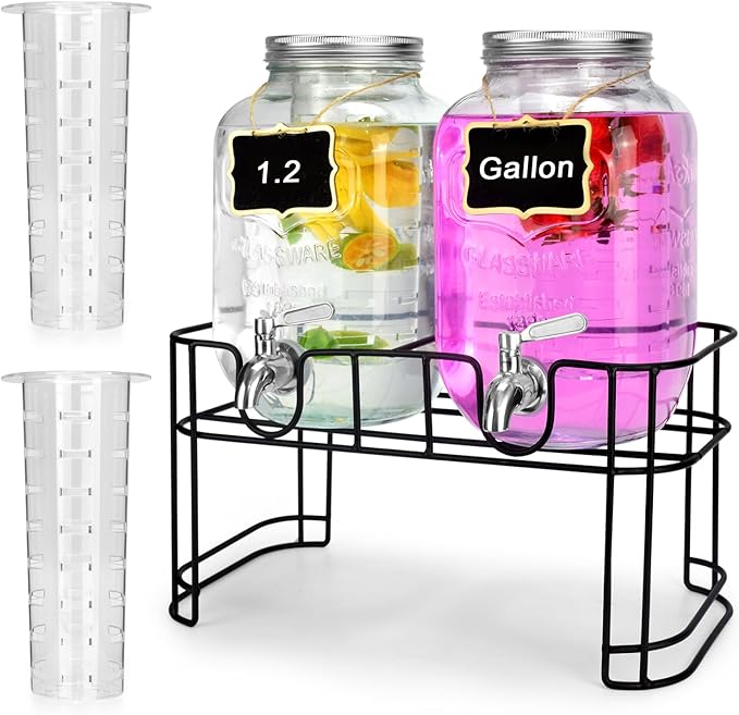 DD&HAPP Glass Drink Dispensers For Parties. 1.2 Gallon Beverage Dispenser With Stand And Stainless Steel Spigot .Lemonade Dispenser With Ice Cylinder.Mason Jars,Laundry Detergent Dispenser.-Ruum Studio Home