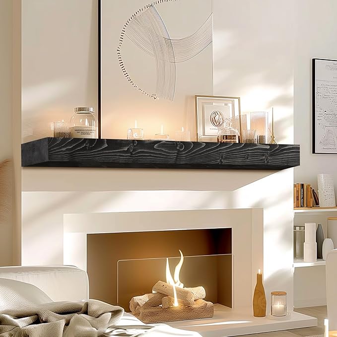 48x7x3 Fireplace Mantel - Solid Rustic Wood - Wall Mounted Floating Shelf with Invisible Heavy Duty Steel Bracket (Weathered Black)-Ruum Studio Home