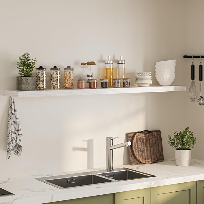 Floating Shelves for Wall, 72"W x 9.3"D x 1.5"H, Long Wooden Wall Mounted Display Shelves with Invisible Brackets for Living Room, Bedroom, Bathroom, Kitchen Decor and Storage, Set of 1, White-Ruum Studio Home