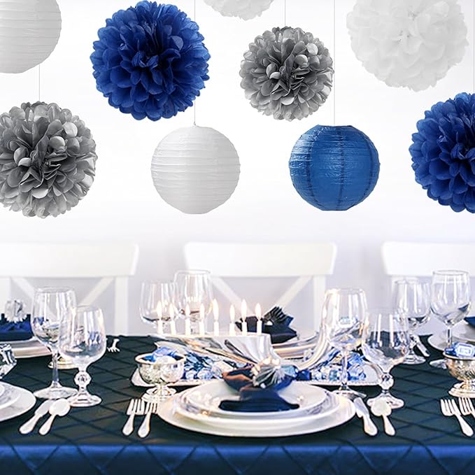 Navy-Blue Silver Party-Decorations Paper-Flowers Lanterns - 15PCS Birthday Royal White Wedding Tissue Pom Poms Streamers,Baby Bridal Shower Bachelorette Graduation Hanging Supplies Decor Hugfond-Ruum Studio Home