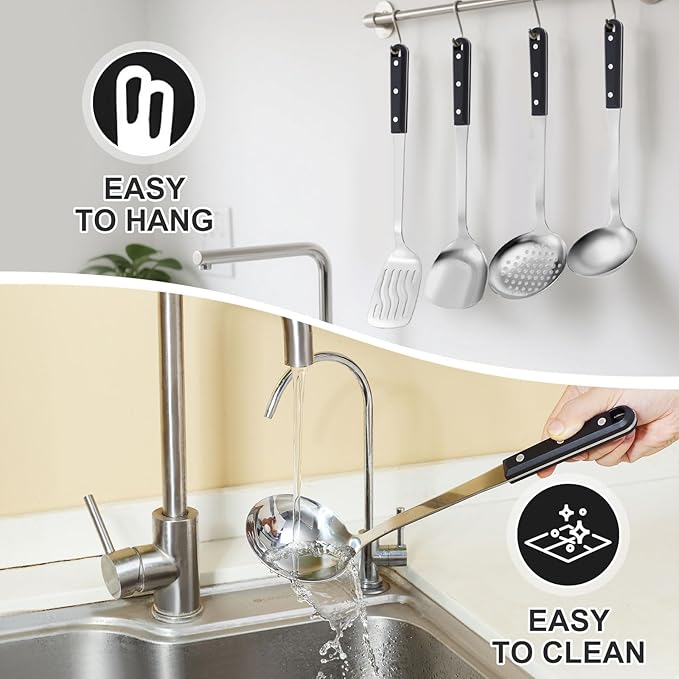 Pleafind 4-Pcs Cooking Utensils Set, Stainless Steel Kitchen Utensils, Mirror Polished Kitchen Essentials Set Include Wok Ladle, Slotted Spoon, Wok Spatula ＆Slotted Spatula, Dishwasher Safe-Ruum Studio Home