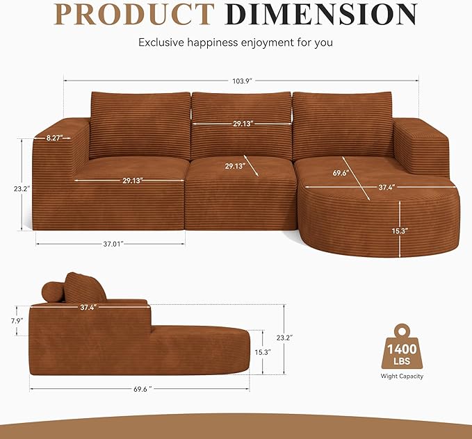 Modular Sectional Sofa with L-Shape Chaise,Cloud Sectional Modern Sleeper Couch with Deep Seat,Sponge Compression Sofas No Assembly Required(Brown-Corduroy Fabric) 1PCS-Ruum Studio Home