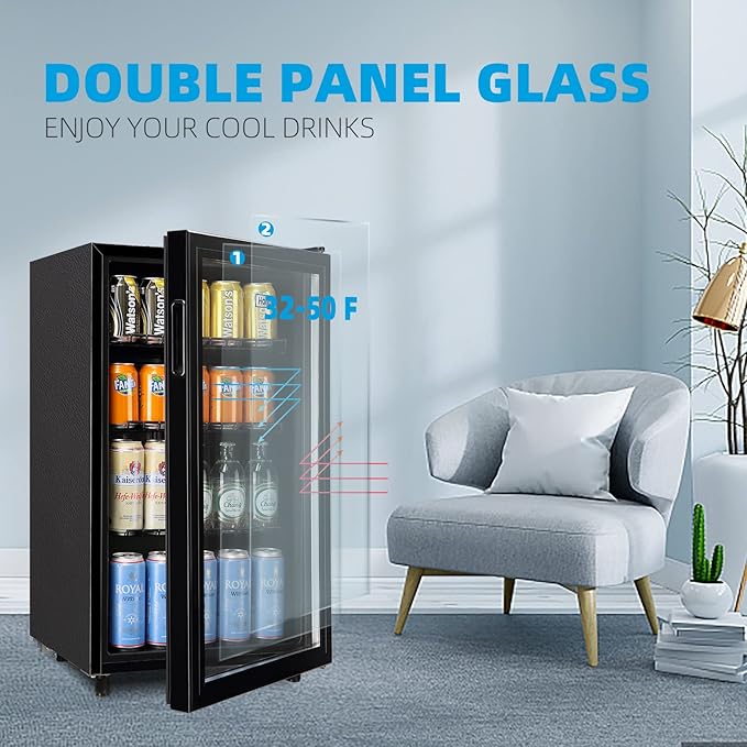 WANAI Mini Fridge Cooler 125Cans Beverage Refrigerator Glass Door Beverage Cooler for Beers Wine Juicer Adjustable Shelves LED Lights for Home, Office or Bar-Ruum Studio Home