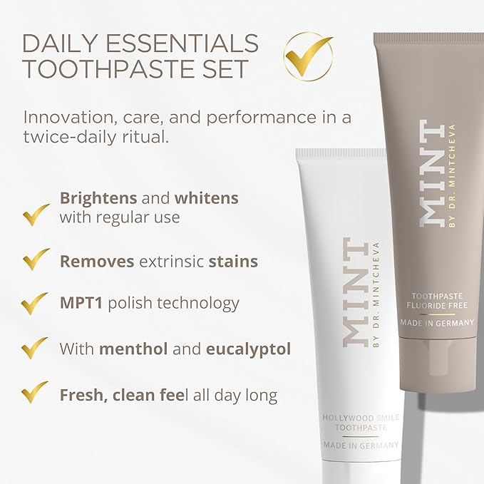 Mint Day & Night Toothpaste Set (2X 85ml) – with & Without Fluoride – MPT1 Ultra Polish Technology with Perlite – Natural Whitening, Gentle Low Abrasion, Vegan, Microplastic-Free, Mor-Ruum Studio Home