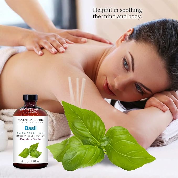 Majestic Pure Basil Essential Oil with Glass Dropper - Huge 4 Fl Oz - 100% Pure and Natural Basil Oil - Premium Grade Essential Oils for Diffuser, Aromatherapy, Soap and Candle Making-Ruum Studio Home