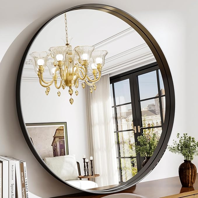 48 Inch Round Bathroom Mirror - Wall Mounted Circle Mirror with Metal Frame, Modern Mirror Suitable for Bathroom, Vanity, Entryway, Living Room, Wall Decor,Black-Ruum Studio Home