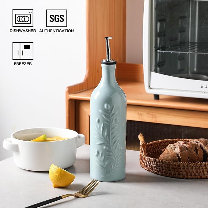 Sweejar Large Olive Oil Dispenser Bottle with Spout, 24 Oz Ceramic Oil Dispenser for Kitchen, Relief Opaque Cruet, Container for Cooking, EVOO, Vinegar, Pack of 1 (Light Blue)-Ruum Studio Home