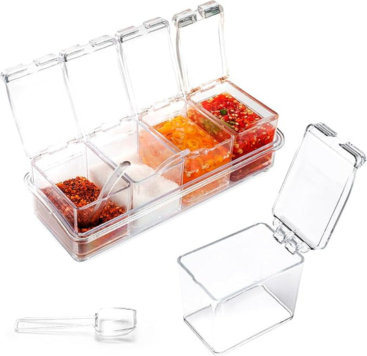 Clear Seasoning Box, 4 Piece Seasoning Rack Spice Pots, Plastic Storage Container Condiment Jars with Lids and Spoon, Storage Container Spice Jar for Salt Sugar Tea Herbal Coffee Beans-Ruum Studio Home
