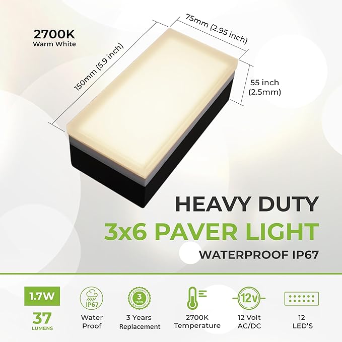 LUMENGY Paver Light 3×6 Inch (2.95 X 5.9), Warm White Glare-Free Illumination for Driveways, Pathways, Pool Deck & Patios, 12V AC/DC, Waterproof & Drive-Over Rated-Ruum Studio Home