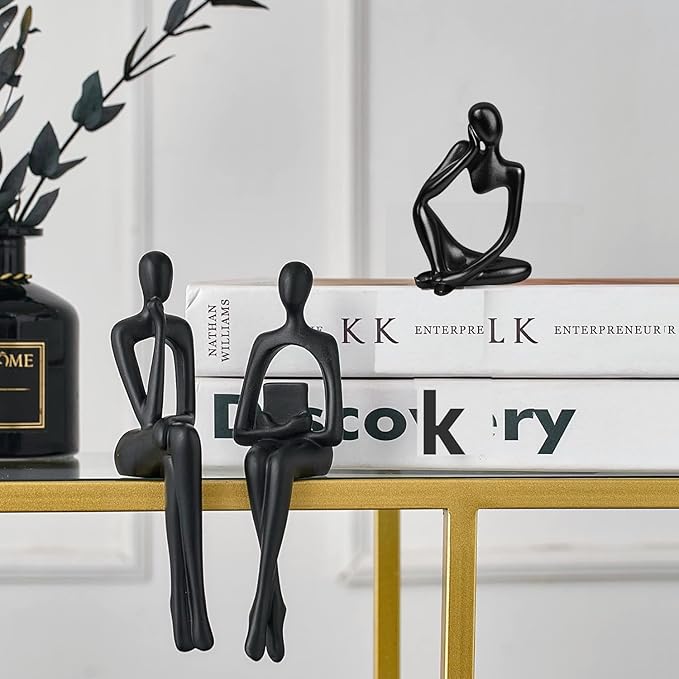 Home Decor Thinker Statue Accents, Set of 3 Thinker Sculptures Office Decor Modern Abstract Resin Decoration on Shelf Table Desk for Living Room Office Bedroom (Small Black)-Ruum Studio Home