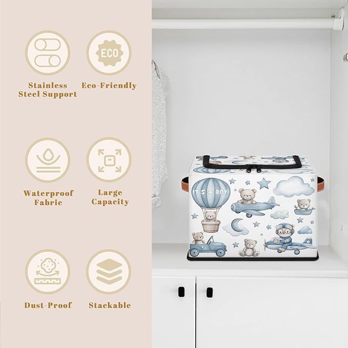 Rectangular Storage Baskets for Shelves - Waterproof Foldable Laundry Basket, Nursery Hamper, Reusable Toy Bin for Organizing Toys, Books, Clothes, Closet 14"x10.2" x10.4" (Little Bear)-Ruum Studio Home