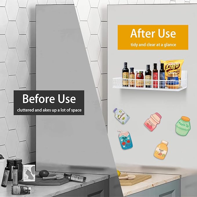 Magnetic Shelf for Fridge Magnetic Basket Organizer Wire Mesh Magnetic Holder Magnet Shelf Accessories for Office Kitchen Classroom Storage,White, 13.77" x 5.11" x 1.7"-Ruum Studio Home