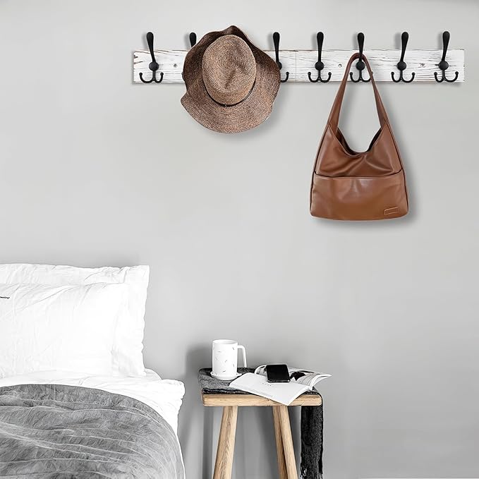 32.2'' Large Coat Rack Wall Mount Coat Hooks with 8 Metal Black Triple-Hooks Old White Pine Real Wood Plank Hat Rack for Wall Hooks-Ruum Studio Home