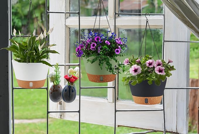 2 Pack 10 Inch Hanging Planters for Indoor Outdoor Plants, Hanging Plant Flower Pot Basket with Drainage Hole with Removable Tray&Hooks Self Watering Plant Pot for Hanging Plants, White-Ruum Studio Home