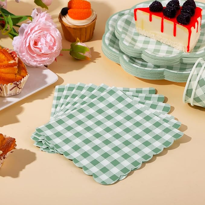 350 Pcs Sage Green Gingham Paper Plates and Napkins Party Supplies - Sage Green and White Checkered Plates Scalloped Plaid Plate for Birthday Dinner Picnic BBQ Party Decorations, Serve 50 Guests-Ruum Studio Home