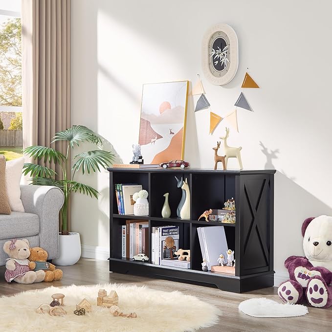 Farmhouse 6 Cube Bookshelf, Black Storage Organizer Bookcase, Kids Toy Storage Cabinet, Long Bookshelves Storage Organizer Shelf, Wood Display Cabinet Book Shelves for Bedroom,Living Room,Office-Ruum Studio Home