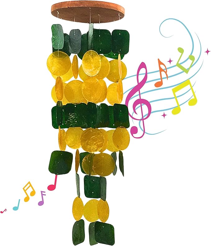 Bellaa 24896 Wind Chimes Outdoor, Garden Decorations, Musical, Indoor/Outside Windchimes, Beach, Ocean Breeze, Gifts for Mom, Gift for All Occasions, Capiz Sea Glass Shells Wood Yellow Green-Ruum Studio Home