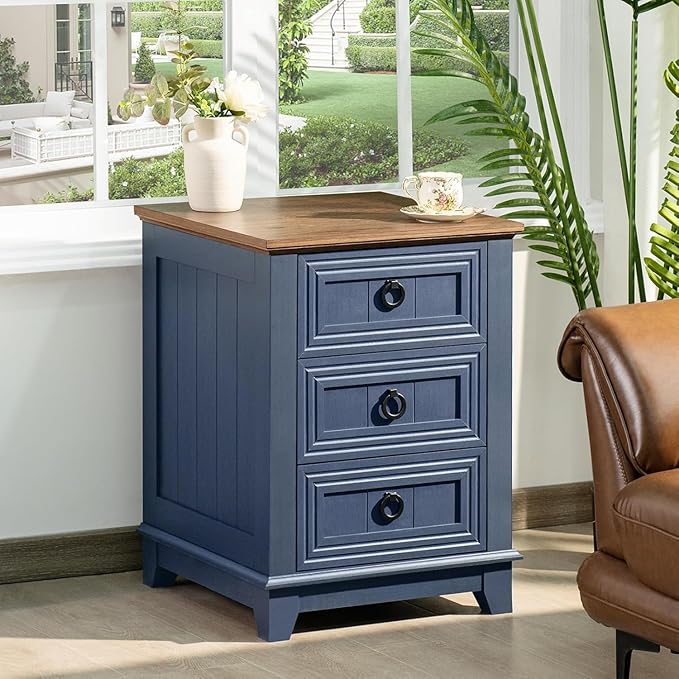 18" Farmhouse Night Stands Set of 2 with Charging Station, 2 & 3 Drawers End Table Dresser for Bedroom, Blue Wooden Nightstand, Bed Side Table with Open Shelf, Bedside Cabinet for Living Room-Ruum Studio Home