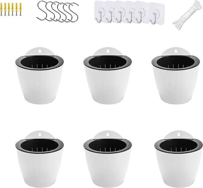 6 Pack White Hanging Planter Pots Self Watering Vertical Garden Wall Mount Window Hang Round Plastic Container Indoor Outdoor for Plants Flowers Succulent Kitchen Living Herbs Holder Decor(Large)-Ruum Studio Home