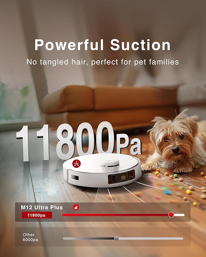 Yeedi M12 Ultra Plus Robot Vacuum and Mop, Upgrade 11800Pa Strong Suction, ZeroTangle Technology, TruEdge Deep Mopping, Auto Mop Washing/Drying, Auto-Lift Mopping, Mini Omni Station, White-Ruum Studio Home