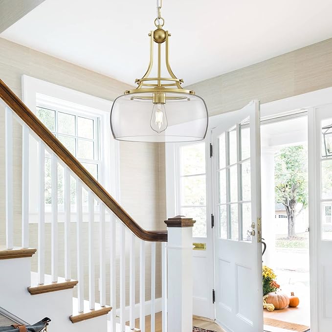 WUZUPS Chandelier Rustic Farmhouse Industrial Round Ceiling Pendant LED Light Fixture with Clear Glass Shades for Dining Room Kitchen Island Foyer Entryway, H 17" x W 13.4", E26 Base, Gold-Ruum Studio Home