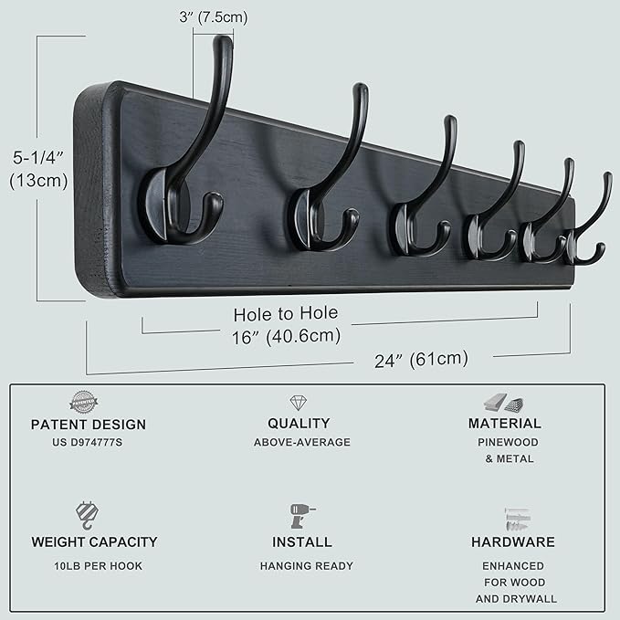 Dseap Wall Mounted Coat Rack: 24" Long, Patented, Heavy-Duty, 6-Double-Hooks Wooden Hanger Rail for Winter Coats, Hat, Jacket, Clothing - Black, Pack of 2-Ruum Studio Home