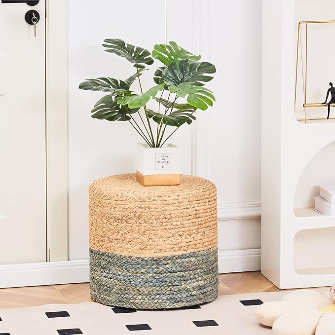 Wimarsbon 18'' Ottoman Pouf, Natural Braided Poof, Rustic Handweave Lounge Pouffe, Boho Footrest Stool for Bedroom, Accent Table or Seat for Living Room (Dusty Blue)-Ruum Studio Home