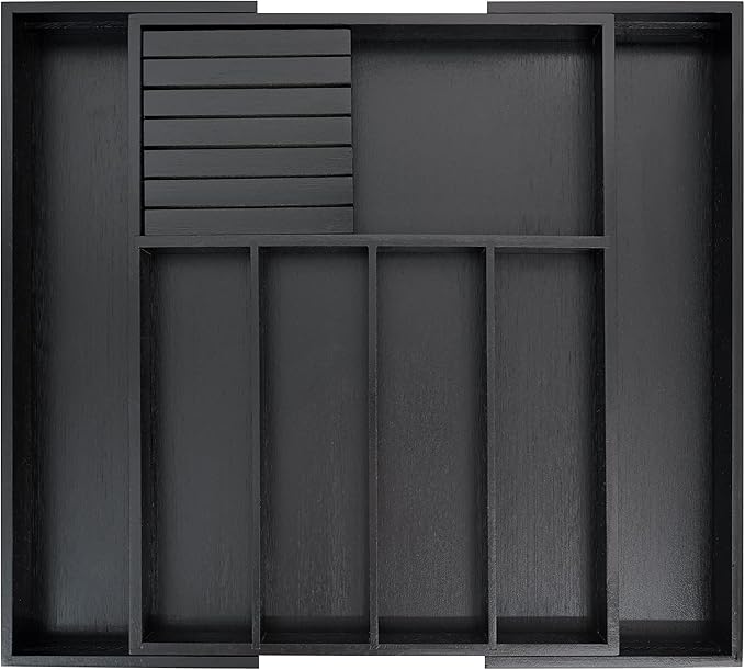 VaeFae Premium Bamboo Silverware Drawer Organizer Kitchen, Expandable Utensil Organizer with Knife Block, Cultery Tray with Divider for Flatware (Black)-Ruum Studio Home