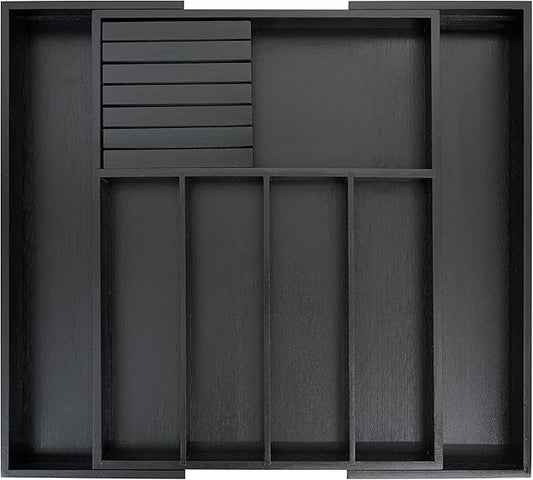 VaeFae Premium Bamboo Silverware Drawer Organizer Kitchen, Expandable Utensil Organizer with Knife Block, Cultery Tray with Divider for Flatware (Black)-Ruum Studio Home