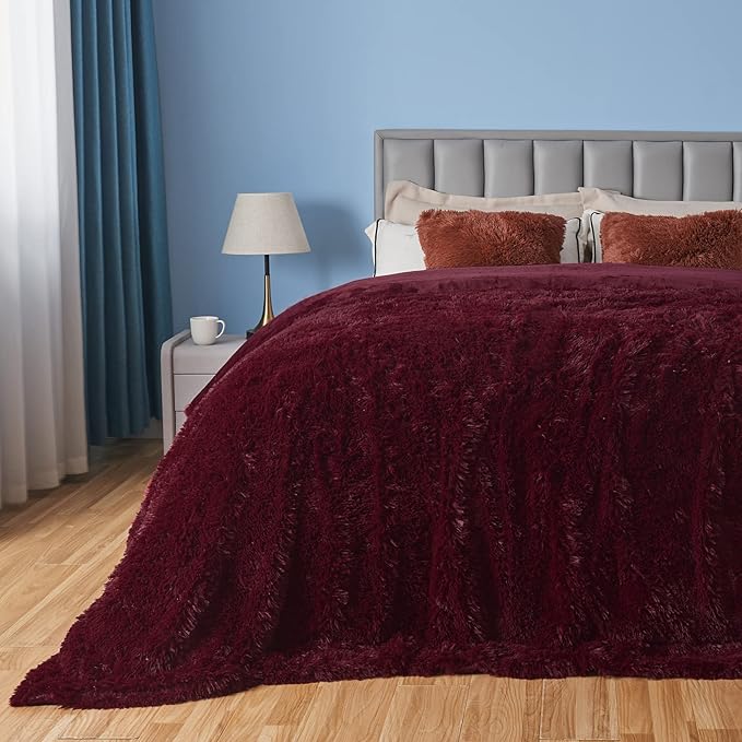 GONAAP Fuzzy Faux Fur Throw Blanket Queen Size Wine Red Super Soft Cozy Plush Fuzzy Shaggy Blanket for Couch Sofa Bed (Wine Red, Queen(90"x90"))-Ruum Studio Home