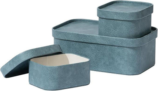 La Jolie Maison Vegan Leather Storage Boxes with Lids, Set of 3 Decorative Storage Containers Organize Stackable Storage Box, Dusty Blue-Ruum Studio Home