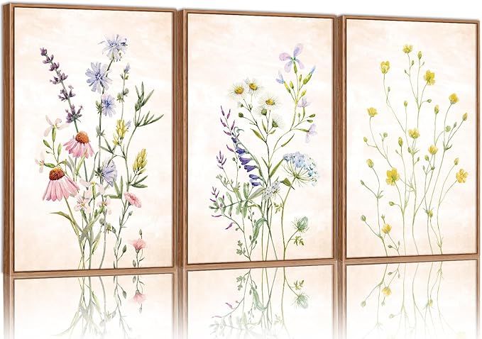 SIGNINART Watercolor Wildflower Framed Canvas Wall Art Set of 3, Boho Botanical Spring Floral Wall Decor, Colorful Minimalist Plant Art Prints for Farmhouse Living Room, Bedroom, Office, Bathroom 16"x24"-Ruum Studio Home