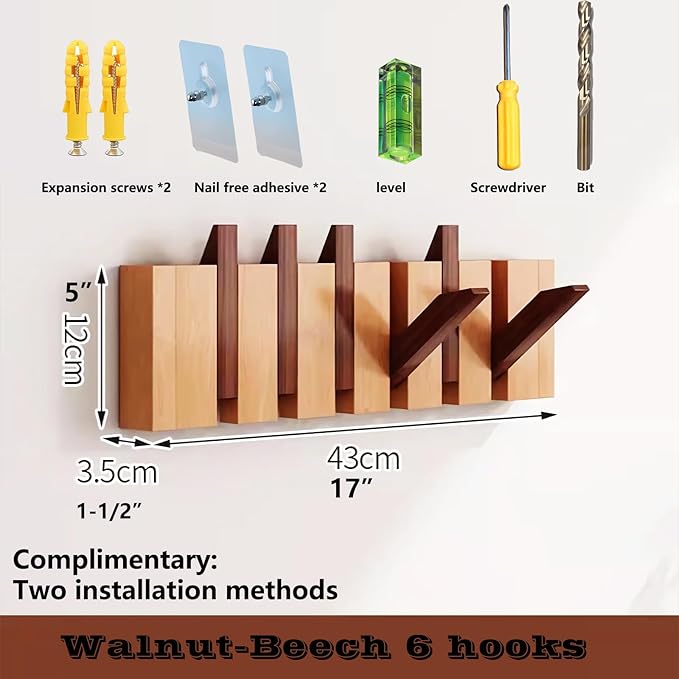 Wall Mounted Piano Key Hanger | Flip Style Hook | Entrance Wall Art Hook, Made of Oak Wood (3 Times Painted, 4 Times Polished) (Walnut-Beech, 6Hooks)-Ruum Studio Home