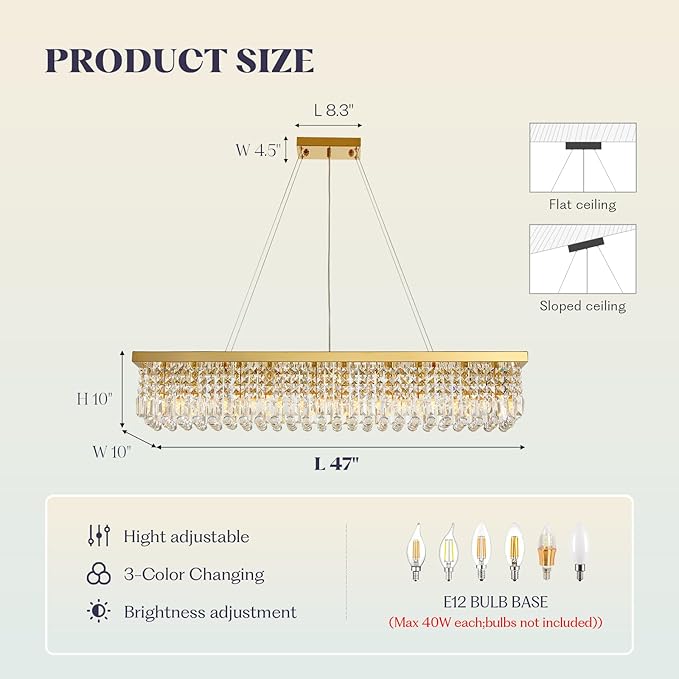 10 Lights Modern Crystal Chandelier, Gold K9 Rectangle Rectangular Chandeliers,Luxury Flush Mount Pendant Ceiling Light for Dining Room Kitchen Island L47''xW10''xH10''-Ruum Studio Home