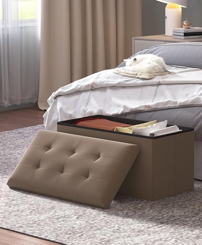 Storage Ottoman Bench, Folding Ottoman Foot Rest, 15 x 30 x 15 Inches, End of Bed Bench,Storage Chest, for Living Room, Bedroom, Hallway, Entryway, Brown-Ruum Studio Home