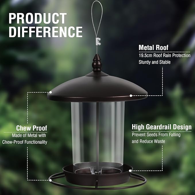Metal Bird Feeder for Outdoors Hanging,3.0LB Seed Feeder,Easy to Fill & Clean,360° Feeding,Weatherproof Roof for Gardens and Wild Birds,Brown-Ruum Studio Home
