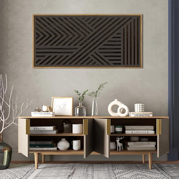 IARTTOP Large Black Framed Wood Wall Art for Living Room Abstract Modern Wooden Wall Decor Neutral Geometric Wall Sculpture Bedroom Office 20x40 Inch-Ruum Studio Home