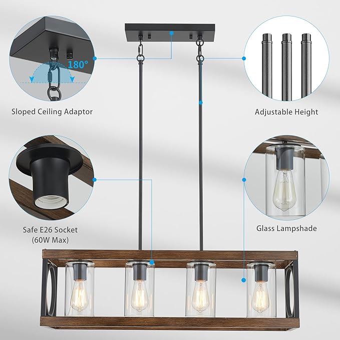 XINGQI Rectangle Chandeliers 31.5" Farmhouse Kitchen Island Lighting Fixture Over Table Modern Vintage Linear Hanging 4-Light for Dining Room Living Room Black Wood Grain Finish with Glass Lampshade-Ruum Studio Home