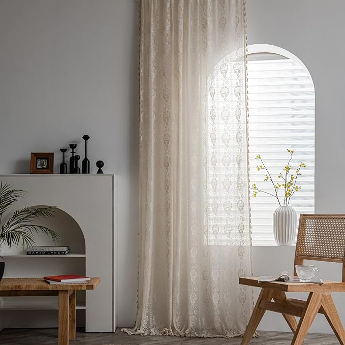 Sutuo Home Beige Boho Curtains for Living Room Bedroom,Bohemian Crochet Florals Embroidery Sheer Lace Handmade Tassels Vintage Rustic Window Treatment Country Drape Rod Pocket 1 Panel 59" W x 96" L-Ruum Studio Home