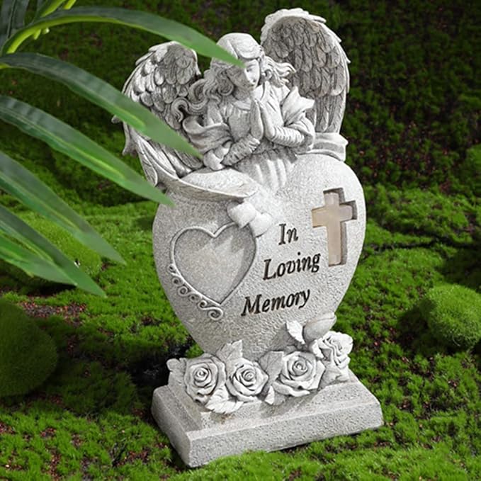 Garden Angel Statue with Cross Solar LED Light, Memorial Gifts for Loved Ones, Cemetery Grave Decorations-Ruum Studio Home