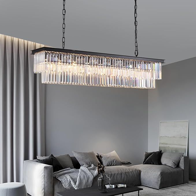 Rectangle Crystal Chandelier Black Modern Linear Chandelier Contemporary Pendant Light Fixture 8-Light Hanging Ceiling Light for Dining Room Living Room Kitchen Bedroom Foyer 47''-Ruum Studio Home