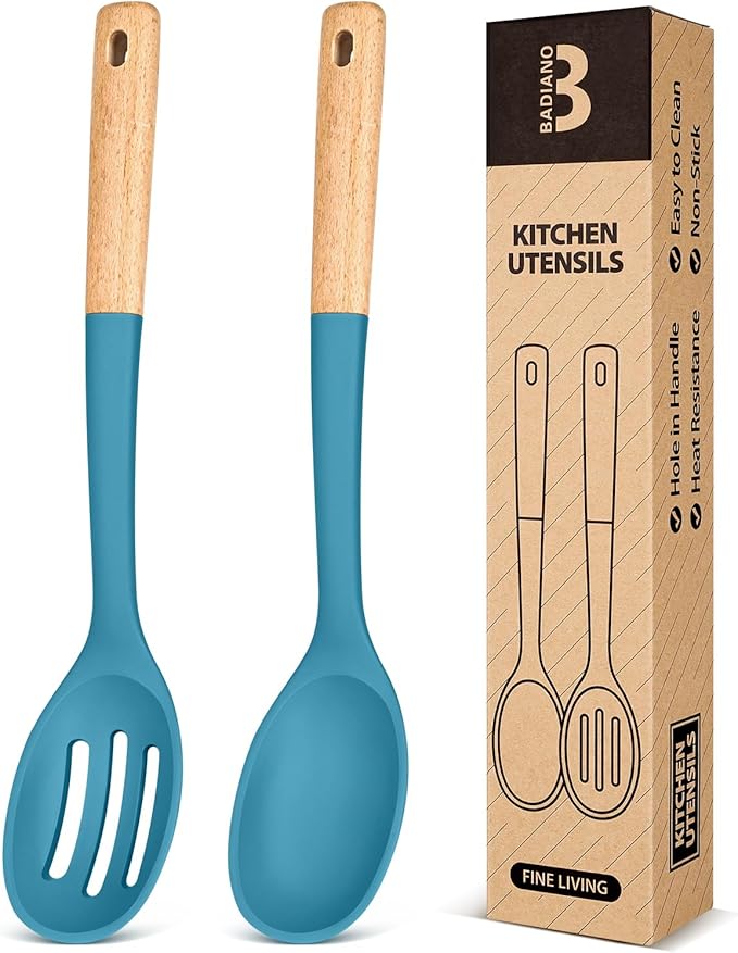 Silicone Cooking Spoons, Great for Scooping Sides and Serving Hearty Stews, BPA-Free Matte Silicone, Wooden Handle Serving Spoon for Nonstick Cooking Surfaces (Blue)-Ruum Studio Home