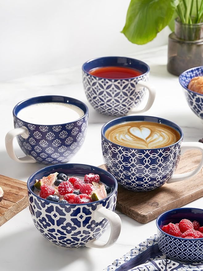 DOWAN Coffee Mugs Set of 4, 24 oz Large Coffee Mugs, Jumbo Soup Mugs With Handles, Ceramic Coffee Cups for Coffee Cereal Latte for Men Women, Housewarming Wedding Gift, Vintage Blue-Ruum Studio Home