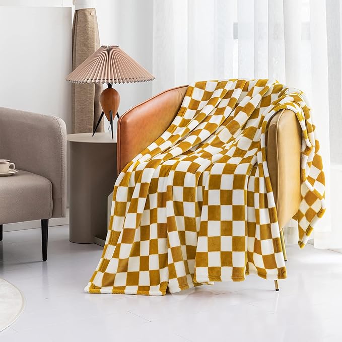 LOMAO Throw Blankets Flannel Blanket with Checkerboard Grid Pattern Soft Throw Blanket for Couch, Bed, Sofa Luxurious Warm and Cozy for All Seasons (Yellow, 50"x60")-Ruum Studio Home