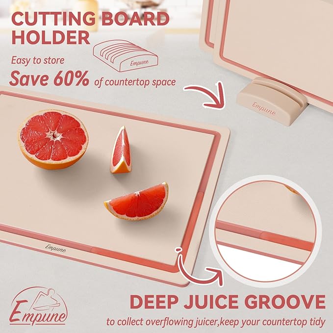 Empune Plastic Cutting Board Set, Recycled Plastic Cutting Boards for Kitchen (Set of 3), Dishwasher Safe Large Chopping Board with Holder, Non-slip Feet and Juice Grooves, Nonporous, Pink-Ruum Studio Home