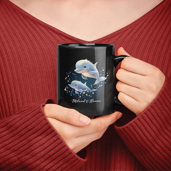Custom Name Xmas Animal Cup, Cute Dolphins Swimming Design Mug 11oz 15oz, Customized Christmas Dolphins Black Cup, Personalized Animal Lover Coffee Mug, Gift For Newlyweds, Close Friend-Ruum Studio Home