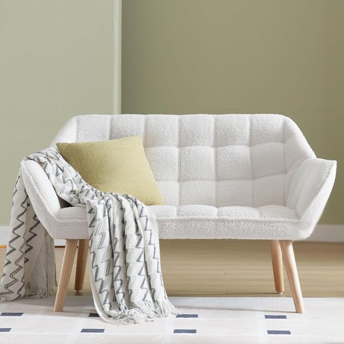 48”Small Loveseat Sofa, Modern Sherpa Upholstered Mini Couch 2-Seater Fluffy Love Seat with Quilting Backs and Wood Legs for Living Room, Bedroom and Small Space, White-Ruum Studio Home